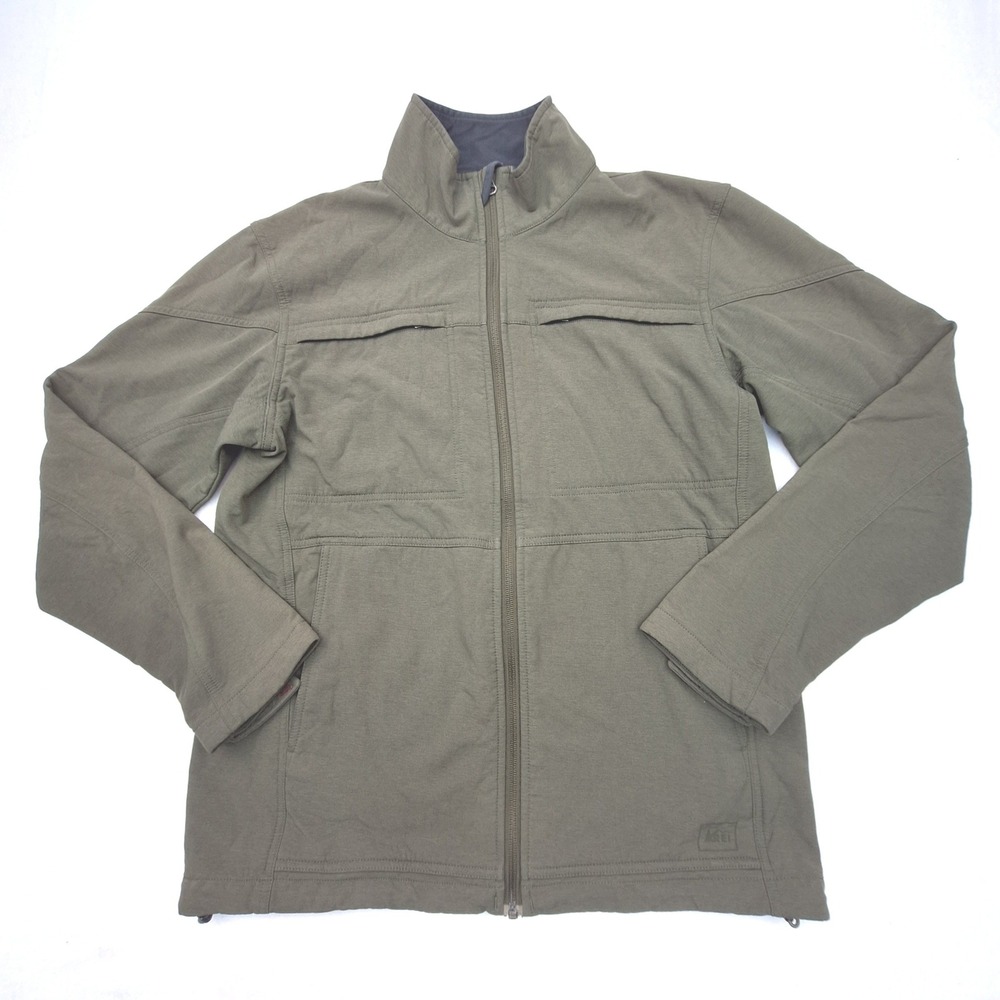 REI Jacket Mens Medium Green Softshell Full Zip Grid Fleece Hiking 844658
